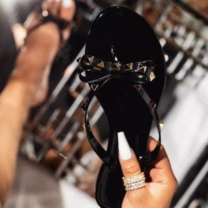 Black Studded Bow Jelly Slipper